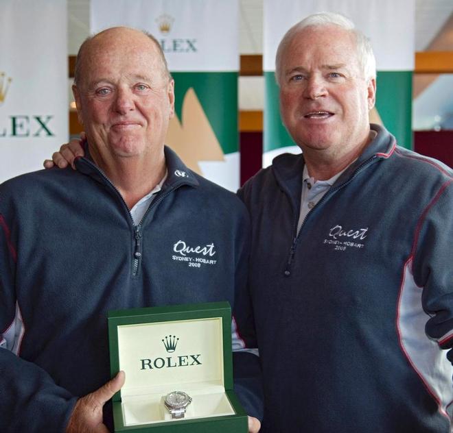 Robert Steel giving his second Rolex Yacht-Master timepiece to his navigator, Michael Green.<br />
Prizegiving, official Trophy Presentation at the Royal Yacht Club of Tasmania ©  Rolex/Daniel Forster http://www.regattanews.com